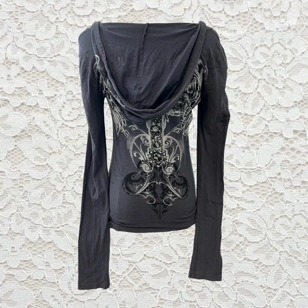 vintage cyber y2k embellished cross and wing long sleeve graphic top